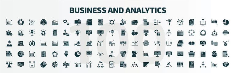 set of 100 business and analytics filled icons set. flat icons such as diagram, cogwheel hine part, businessman analysis, stock data analysis, investigate, merge charts, legal, user stats,