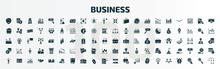 Fototapeta premium set of 100 business filled icons set. flat icons such as man with moustach, success man, infographic elements, briefcase tings, euro coins stack, laptop analysis, man success, pound coin on hands,