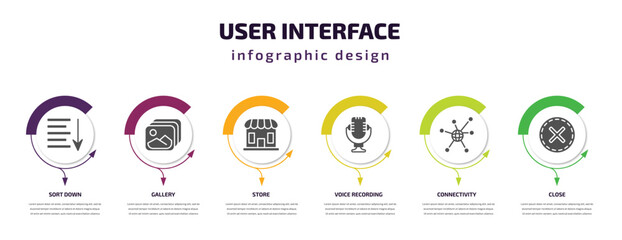 user interface infographic template with icons and 6 step or option. user interface icons such as sort down, gallery, store, voice recording, connectivity, close vector. can be used for banner, info