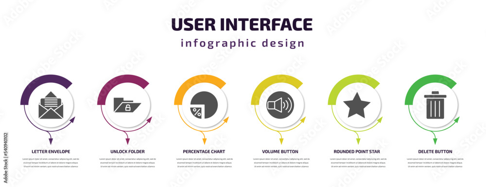 Poster user interface infographic template with icons and 6 step or option. user interface icons such as le