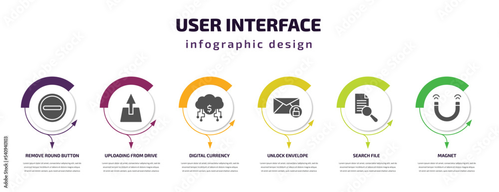 Poster user interface infographic template with icons and 6 step or option. user interface icons such as re