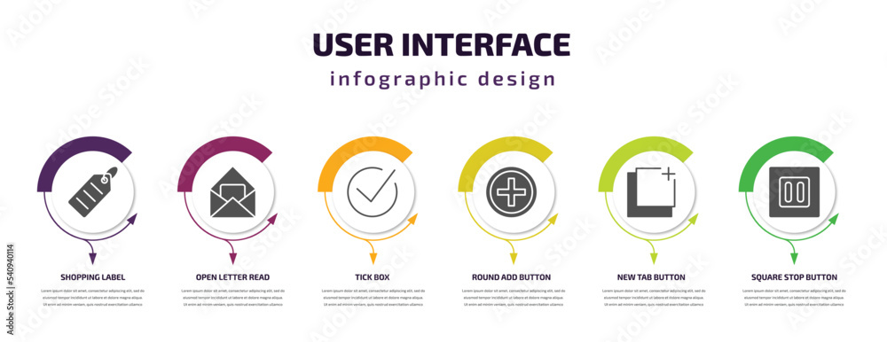Poster user interface infographic template with icons and 6 step or option. user interface icons such as sh