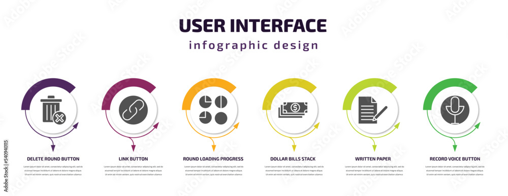 Poster user interface infographic template with icons and 6 step or option. user interface icons such as de