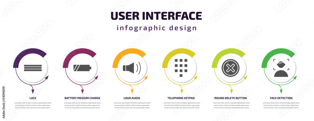 Poster user interface infographic template with icons and 6 step or option. user interface icons such as la