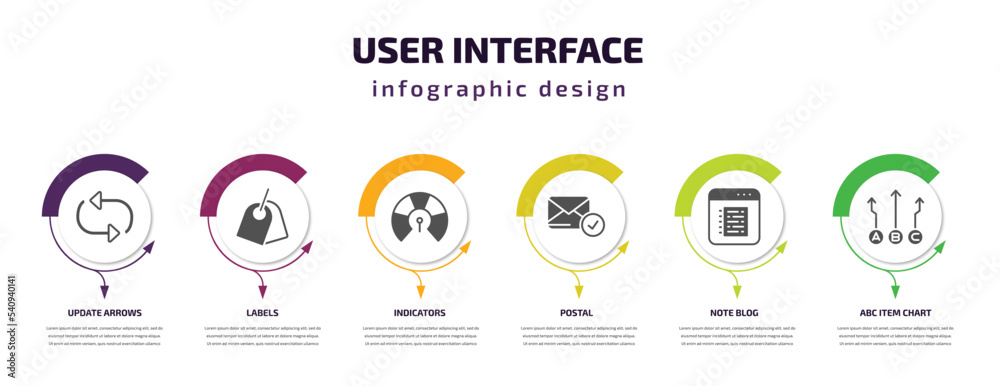 Poster user interface infographic template with icons and 6 step or option. user interface icons such as up