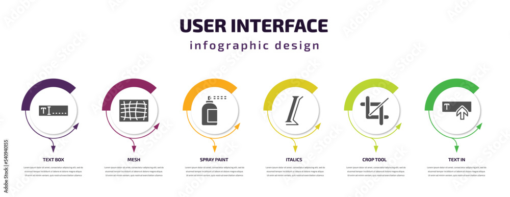 Poster user interface infographic template with icons and 6 step or option. user interface icons such as te