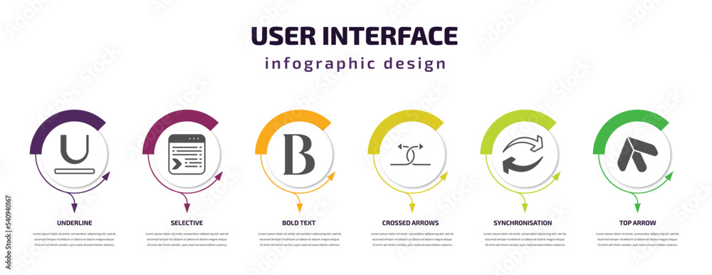 Poster user interface infographic template with icons and 6 step or option. user interface icons such as un