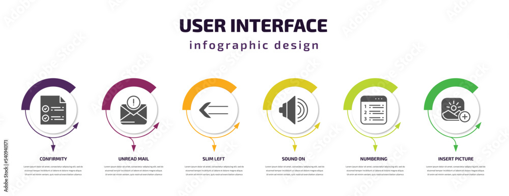 Poster user interface infographic template with icons and 6 step or option. user interface icons such as co