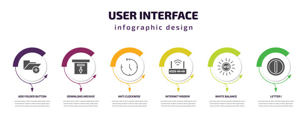 user interface infographic template with icons and 6 step or option. user interface icons such as add folder button, download archive, anti clockwise, internet modem, white balance, letter i vector.