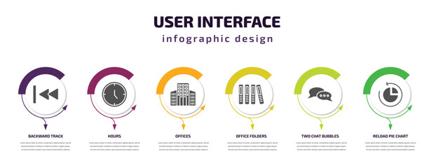 user interface infographic template with icons and 6 step or option. user interface icons such as backward track, hours, offices, office folders, two chat bubbles, reload pie chart vector. can be