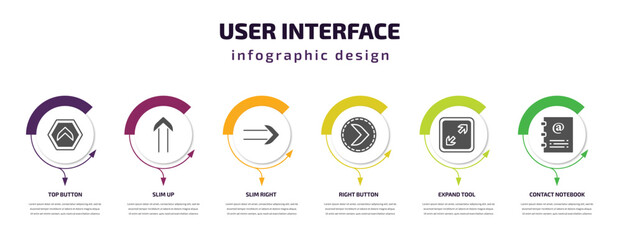 user interface infographic template with icons and 6 step or option. user interface icons such as top button, slim up, slim right, right button, expand tool, contact notebook vector. can be used for
