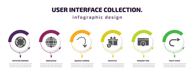 user interface collection. infographic template with icons and 6 step or option. user interface collection. icons such as rotating arrows, worldgrid, squiggly arrow, incentive, window time, right