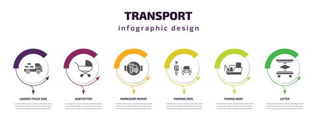 transport infographic template with icons and 6 step or option. transport icons such as loaded truck side view, babysitter, workshop repair, parking men, fishing boat, lifter vector. can be used for