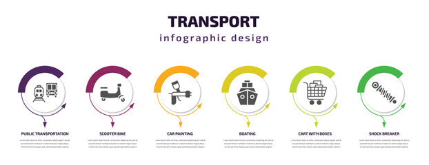 transport infographic template with icons and 6 step or option. transport icons such as public transportation, scooter bike, car painting, boating, cart with boxes, shock breaker vector. can be used