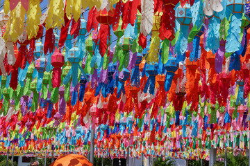 Colorful perspective view of Thai Lanna style lanterns to hang in front of the temple in hundred thousand lanterns festival, Lumphun, Thailand.