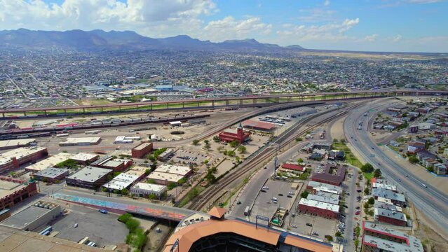 Mexico-United States International Border In El Paso Texas With Ciudad Juárez Mexico In Background. 4K Aerial Drone View.