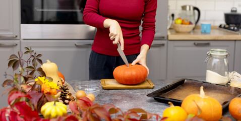 The girl is going to cut a beautiful orange pumpkin with a big knife. A girl prepares a Thanksgiving dinner on a table decorated with leaves and pumpkins. National holiday.