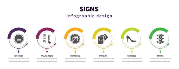 signs infographic template with icons and 6 step or option. signs icons such as is a sub of, falling rocks, no packing, gambling, high heels, traffic vector. can be used for banner, info graph, web,