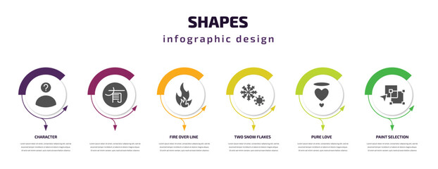 shapes infographic template with icons and 6 step or option. shapes icons such as character, , fire over line, two snow flakes, pure love, paint selection vector. can be used for banner, info