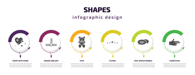 shapes infographic template with icons and 6 step or option. shapes icons such as heart with shine, engine coolant, toys, 5 stars, oval speech bubble, finger gun vector. can be used for banner, info