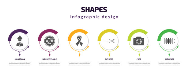 shapes infographic template with icons and 6 step or option. shapes icons such as mongolian, non recyclable, , cut here, foto, radiators vector. can be used for banner, info graph, web,