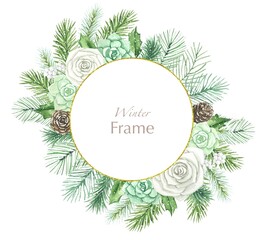Floral round frame with white roses, succulents, spruce branches