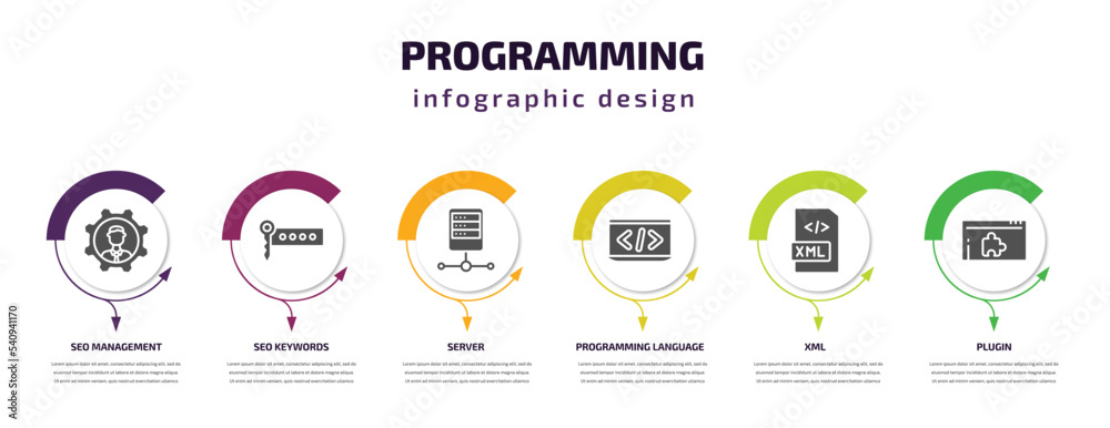 Poster programming infographic template with icons and 6 step or option. programming icons such as seo mana