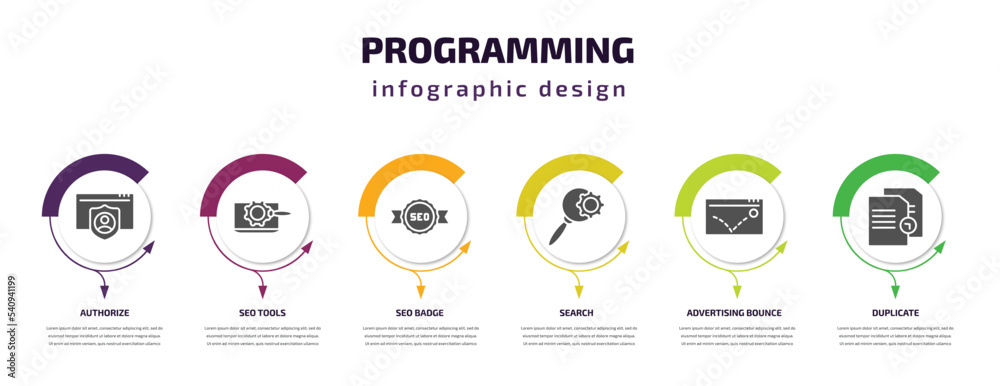 Poster programming infographic template with icons and 6 step or option. programming icons such as authoriz