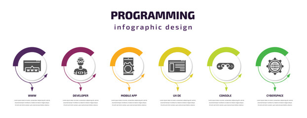 programming infographic template with icons and 6 step or option. programming icons such as www, developer, mobile app, ux de, console, cyberspace vector. can be used for banner, info graph, web,