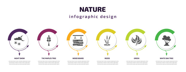 Fototapeta premium nature infographic template with icons and 6 step or option. nature icons such as night snow, the maples tree, wood board, reeds, green, white oak tree vector. can be used for banner, info graph,