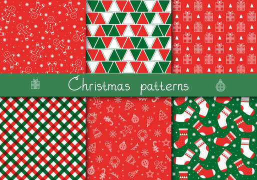 Set of cute seamless Winter Time patterns with traditional ornaments