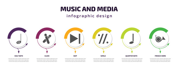 music and media infographic template with icons and 6 step or option. music and media icons such as half note, clave, skip, simile, quarter note, french horn vector. can be used for banner, info
