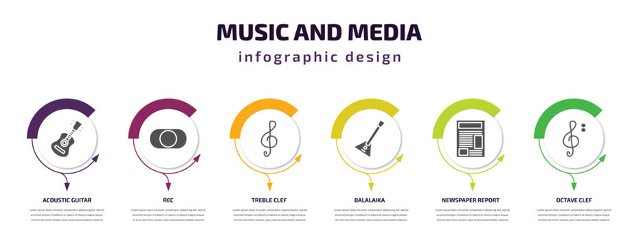 music and media infographic template with icons and 6 step or option. music and media icons such as acoustic guitar, rec, treble clef, balalaika, newspaper report, octave clef vector. can be used