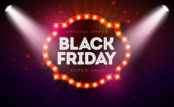 Black Friday Sale Illustration with Glowing Light Bulb Billboard on Dark Background. Vector New Year and Christmas Design Template for Greeting Card, Flyer, Banner, Celebration Poster or Party