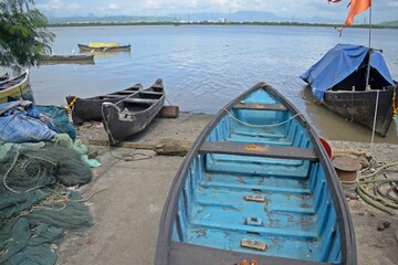 wooden fishing boats in the harbour