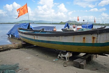 Naklejka premium wooden fishing boats in the harbour