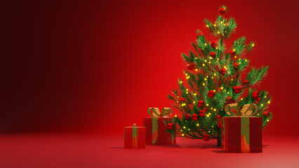 merry christmas sale with copy space, .red background with realistic gifts box christmas tree, 3d render,.horizontal christmas header for website