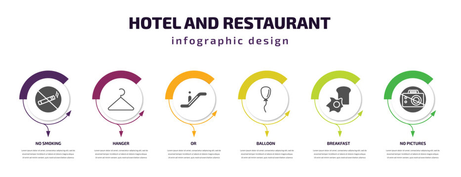 hotel and restaurant infographic template with icons and 6 step or option. hotel and restaurant icons such as no smoking, hanger, or, balloon, breakfast, no pictures vector. can be used for banner,