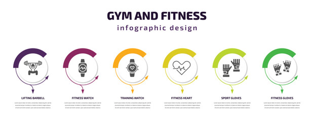 gym and fitness infographic template with icons and 6 step or option. gym and fitness icons such as lifting barbell, fitness watch, training watch, heart, sport gloves, gloves vector. can be used