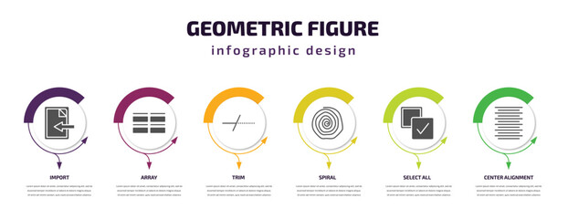 Fototapeta premium geometric figure infographic template with icons and 6 step or option. geometric figure icons such as import, array, trim, spiral, select all, center alignment vector. can be used for banner, info