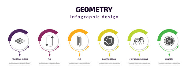 geometry infographic template with icons and 6 step or option. geometry icons such as polygonal rhomb, flip, clip, dodecahedron, polygonal elephant, ennegon vector. can be used for banner, info