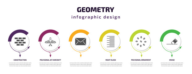 geometry infographic template with icons and 6 step or option. geometry icons such as construction, polygonal jet aircraft, , right align, polygonal ornament, erase vector. can be used for banner,