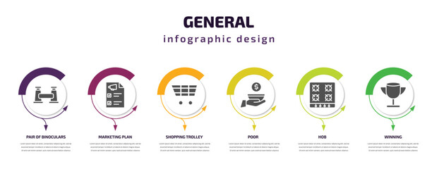 general infographic template with icons and 6 step or option. general icons such as pair of binoculars, marketing plan, shopping trolley, poor, hob, winning vector. can be used for banner, info