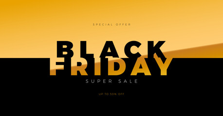 Black Friday Super Sale Illustration with Golden Lettering on Black and Gold Contrast Background. Vector New Year and Christmas Design Template for Greeting Card, Flyer, Banner, Celebration Poster or