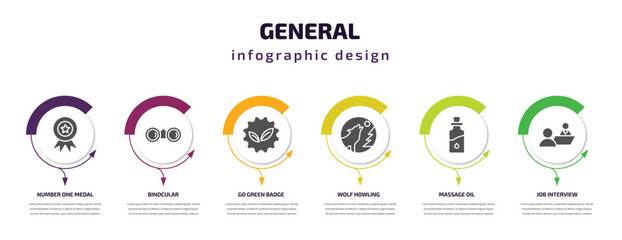 general infographic template with icons and 6 step or option. general icons such as number one medal, binocular, go green badge, wolf howling, massage oil, job interview vector. can be used for