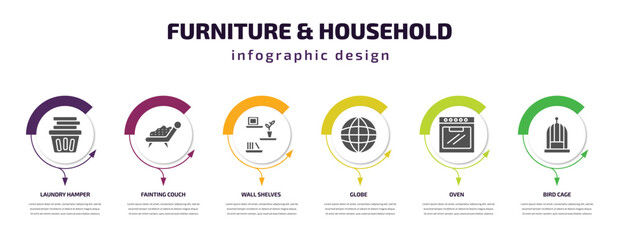 furniture & household infographic template with icons and 6 step or option. furniture & household icons such as laundry hamper, fainting couch, wall shelves, globe, oven, bird cage vector. can be