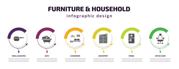 furniture & household infographic template with icons and 6 step or option. furniture & household icons such as small saucepan, bath, livingroom, davenport, fridge, office chair vector. can be used
