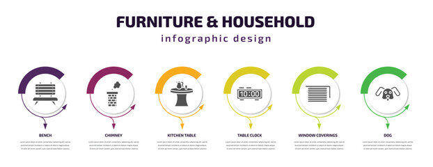 furniture & household infographic template with icons and 6 step or option. furniture & household icons such as bench, chimney, kitchen table, table clock, window coverings, dog vector. can be used