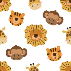 seamless pattern with cute jejungle animals. Vector illustration isolated on white background for your design
