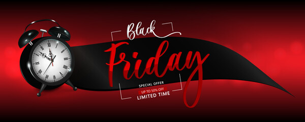 Black Friday in red on a black ribbon with an alarm clock. Holiday sale illustration, discounts. Vintage design for purchase.